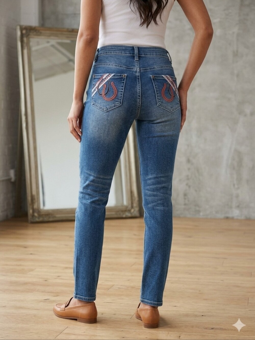High-Rise Blue Wash Women’s Jeans with Embroidered Back Pockets